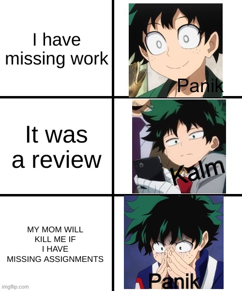 PANIK | I have missing work; It was a review; MY MOM WILL KILL ME IF I HAVE MISSING ASSIGNMENTS | image tagged in panik deku | made w/ Imgflip meme maker