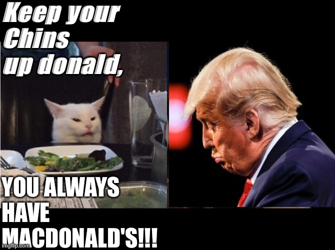 Smudge and don | Keep your Chins
up donald, YOU ALWAYS HAVE MACDONALD'S!!! | image tagged in reverse cat at dinner table | made w/ Imgflip meme maker