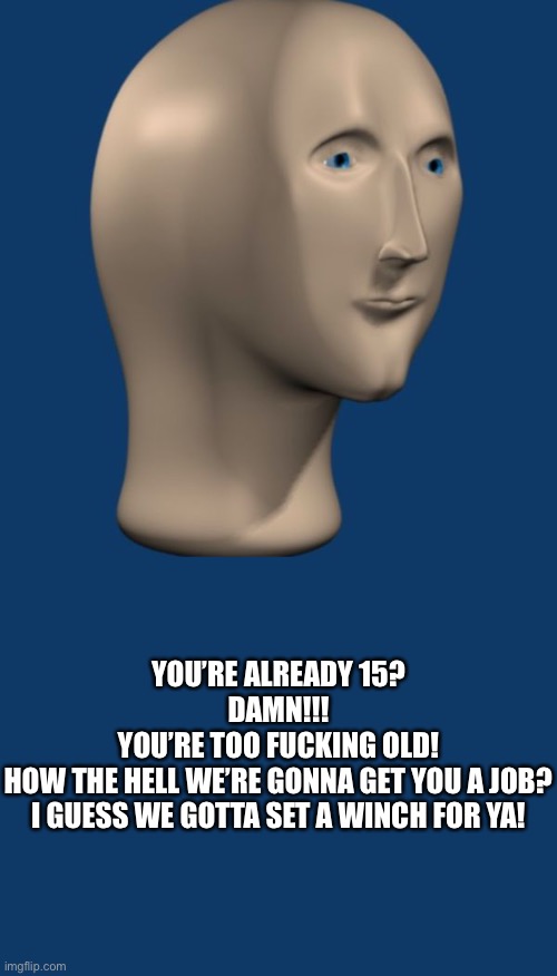 YOU’RE ALREADY 15?
DAMN!!!
YOU’RE TOO FUCKING OLD!
HOW THE HELL WE’RE GONNA GET YOU A JOB?
I GUESS WE GOTTA SET A WINCH FOR YA! | image tagged in meme man | made w/ Imgflip meme maker