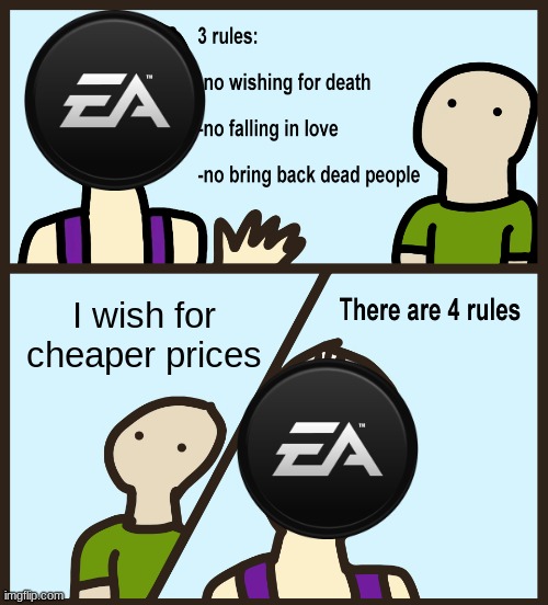 EA's rules | I wish for cheaper prices | image tagged in genie rules meme,meme,fun,gaming | made w/ Imgflip meme maker