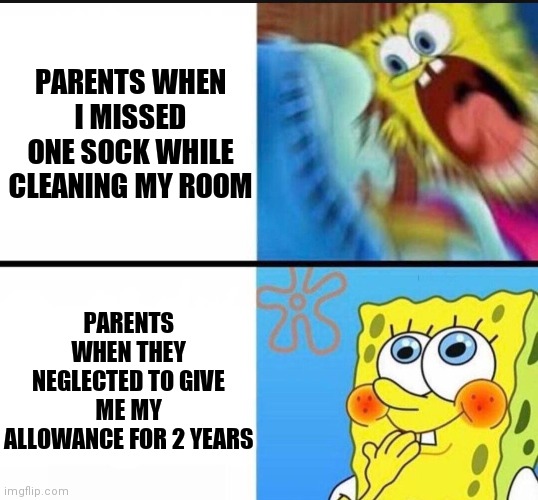 I don't even get an allowance | PARENTS WHEN I MISSED ONE SOCK WHILE CLEANING MY ROOM; PARENTS WHEN THEY NEGLECTED TO GIVE ME MY ALLOWANCE FOR 2 YEARS | image tagged in spongebob yelling | made w/ Imgflip meme maker