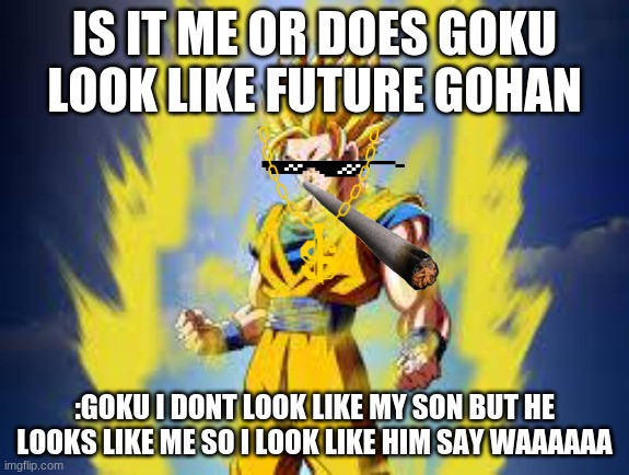 Dragon ball z | IS IT ME OR DOES GOKU LOOK LIKE FUTURE GOHAN; :GOKU I DONT LOOK LIKE MY SON BUT HE LOOKS LIKE ME SO I LOOK LIKE HIM SAY WAAAAAA | image tagged in dragon ball z | made w/ Imgflip meme maker