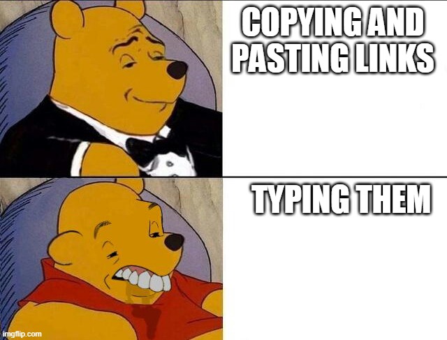 who the hell types links | COPYING AND PASTING LINKS; TYPING THEM | image tagged in tuxedo winnie the pooh grossed reverse | made w/ Imgflip meme maker