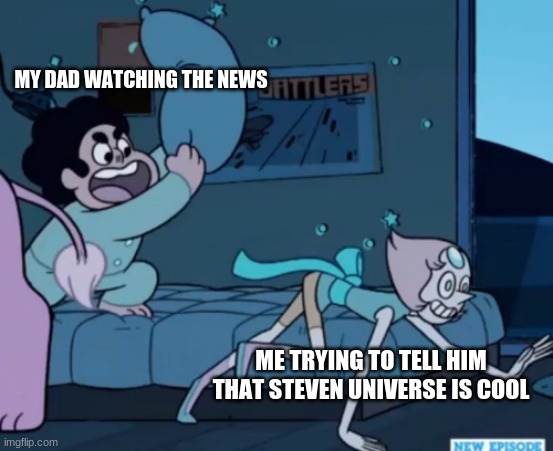 This is the truth | MY DAD WATCHING THE NEWS; ME TRYING TO TELL HIM THAT STEVEN UNIVERSE IS COOL | image tagged in steven universe | made w/ Imgflip meme maker