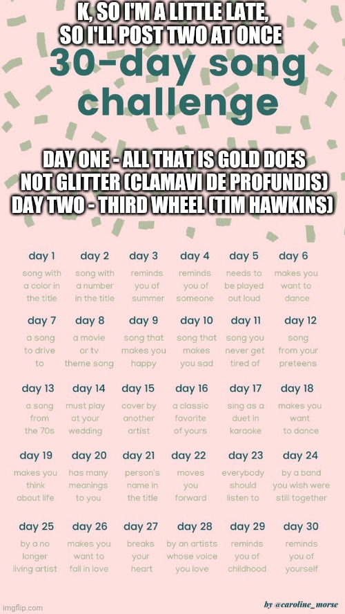 Yeah, I'ma join this trend | K, SO I'M A LITTLE LATE, SO I'LL POST TWO AT ONCE; DAY ONE - ALL THAT IS GOLD DOES NOT GLITTER (CLAMAVI DE PROFUNDIS)
DAY TWO - THIRD WHEEL (TIM HAWKINS) | image tagged in 30 day song challenge | made w/ Imgflip meme maker