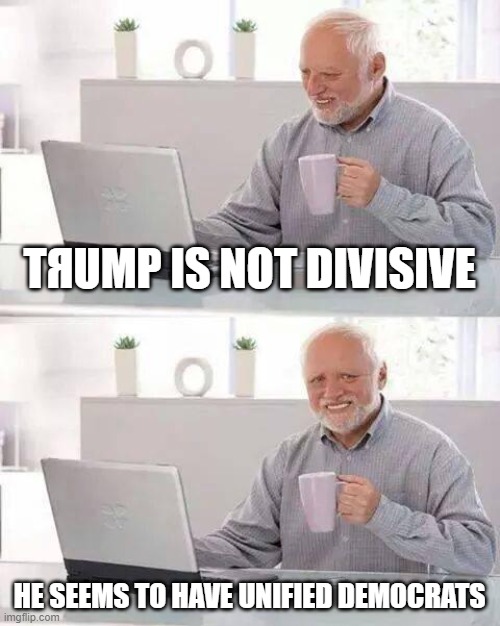 Boomers on Parler | TЯUMP IS NOT DIVISIVE; HE SEEMS TO HAVE UNIFIED DEMOCRATS | image tagged in memes,hide the pain harold,donald trump,election 2020,gop,democrats | made w/ Imgflip meme maker