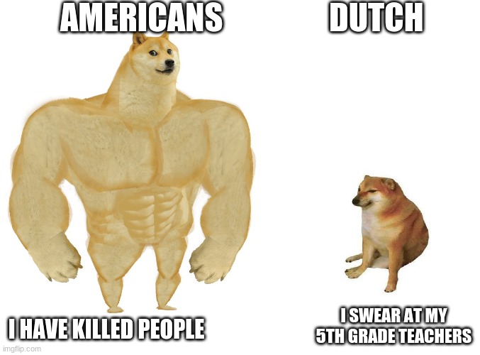 Big dog small dog | AMERICANS                 DUTCH I HAVE KILLED PEOPLE I SWEAR AT MY 5TH GRADE TEACHERS | image tagged in big dog small dog | made w/ Imgflip meme maker