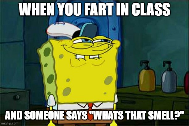 farts | WHEN YOU FART IN CLASS; AND SOMEONE SAYS "WHATS THAT SMELL?" | image tagged in memes,don't you squidward | made w/ Imgflip meme maker