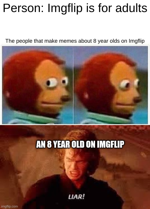 Imgflip is for all people | Person: Imgflip is for adults; The people that make memes about 8 year olds on Imgflip; AN 8 YEAR OLD ON IMGFLIP | image tagged in memes,monkey puppet,anakin liar | made w/ Imgflip meme maker