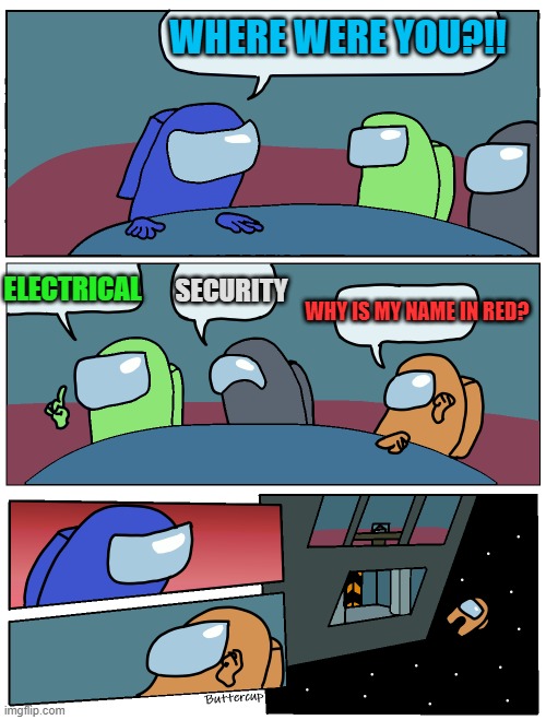 Among Us Meeting |  WHERE WERE YOU?!! ELECTRICAL; SECURITY; WHY IS MY NAME IN RED? | image tagged in among us meeting | made w/ Imgflip meme maker