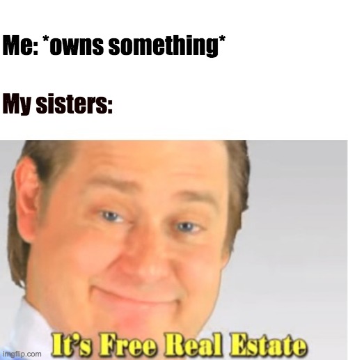It's Free Real Estate | Me: *owns something*; My sisters: | image tagged in it's free real estate | made w/ Imgflip meme maker
