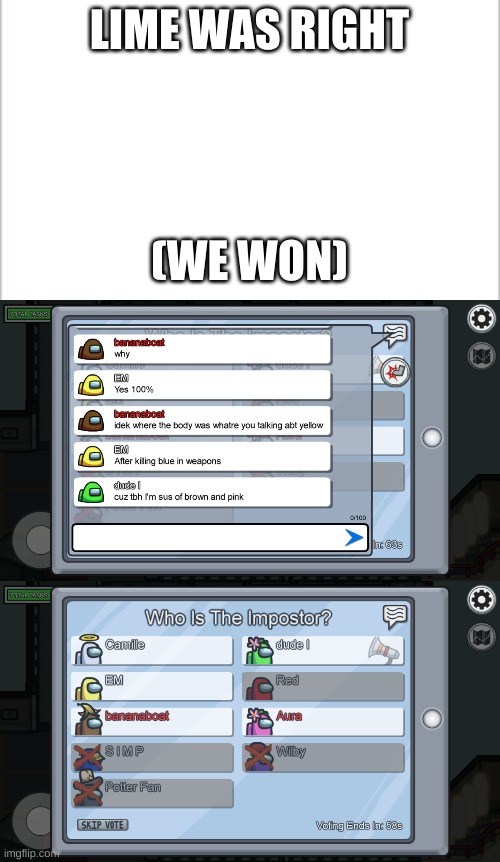Idk, i just take random screenshots as i play | LIME WAS RIGHT; (WE WON) | image tagged in white background | made w/ Imgflip meme maker