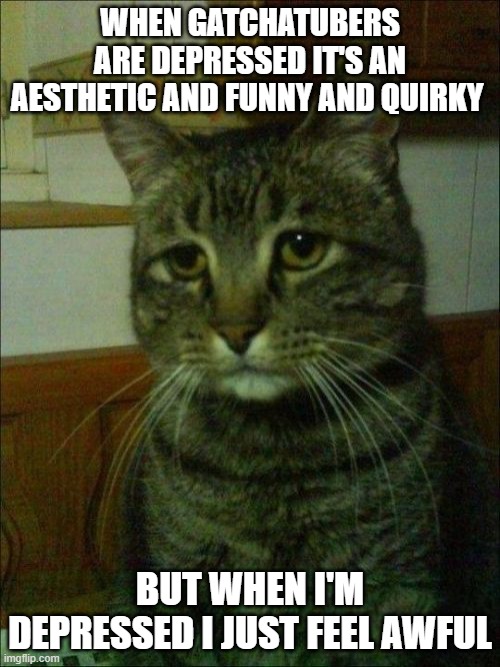 Why do people like to pretend to be depressed? | WHEN GATCHATUBERS ARE DEPRESSED IT'S AN AESTHETIC AND FUNNY AND QUIRKY; BUT WHEN I'M DEPRESSED I JUST FEEL AWFUL | image tagged in memes,depressed cat | made w/ Imgflip meme maker