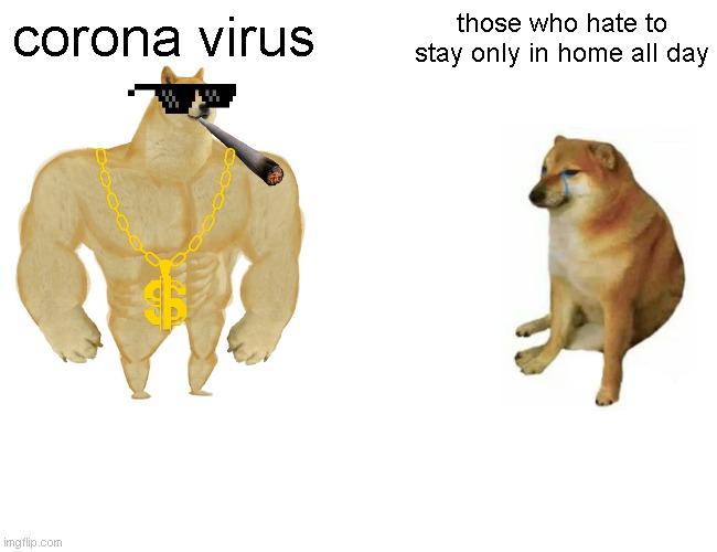 Buff Doge vs. Cheems Meme |  corona virus; those who hate to stay only in home all day | image tagged in memes,buff doge vs cheems | made w/ Imgflip meme maker