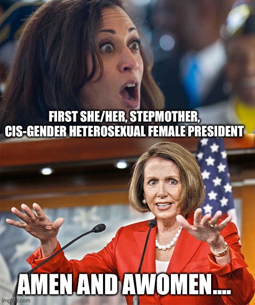 First of First | FIRST SHE/HER, STEPMOTHER, CIS-GENDER HETEROSEXUAL FEMALE PRESIDENT; AMEN AND AWOMEN.... | image tagged in kamala harriss,nancy pelosi is crazy | made w/ Imgflip meme maker