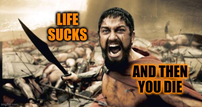 Pretty Much Sums It Up | LIFE SUCKS; AND THEN YOU DIE | image tagged in memes,sparta leonidas,life sucks,real life,life lessons,the meaning of life | made w/ Imgflip meme maker