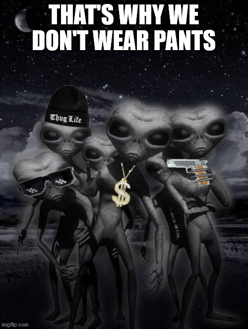 thug alien | THAT'S WHY WE DON'T WEAR PANTS | image tagged in alien week aliens memes | made w/ Imgflip meme maker