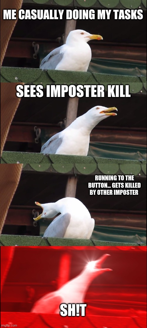 Inhaling Seagull Meme | ME CASUALLY DOING MY TASKS; SEES IMPOSTER KILL; RUNNING TO THE BUTTON... GETS KILLED BY OTHER IMPOSTER; SH!T | image tagged in memes,inhaling seagull | made w/ Imgflip meme maker