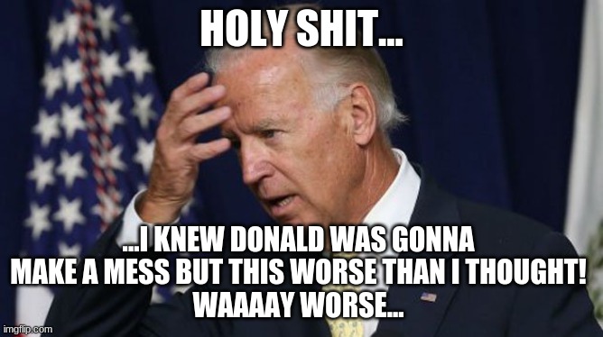 President Biden suddenly realizes what a job he has ahead of him | HOLY SHIT... ...I KNEW DONALD WAS GONNA MAKE A MESS BUT THIS WORSE THAN I THOUGHT!
WAAAAY WORSE... | image tagged in joe biden worries,president biden,donald chump | made w/ Imgflip meme maker