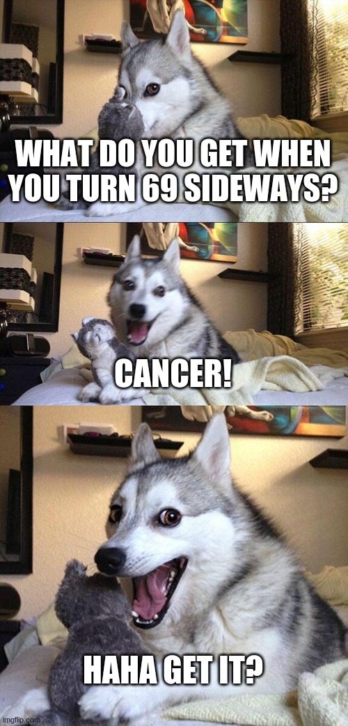 Bad Pun Dog |  WHAT DO YOU GET WHEN YOU TURN 69 SIDEWAYS? CANCER! HAHA GET IT? | image tagged in memes,bad pun dog | made w/ Imgflip meme maker