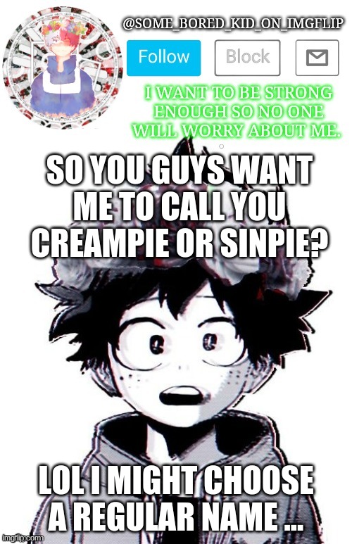 ( ; v ; ) | SO YOU GUYS WANT ME TO CALL YOU CREAMPIE OR SINPIE? LOL I MIGHT CHOOSE A REGULAR NAME ... | image tagged in some_bored_kid_on_imgflip _ _ | made w/ Imgflip meme maker