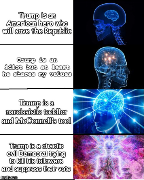 Views of Trump | Trump is an American hero who will save the Republic; Trump is an idiot but at least he shares my values; Trump is a narcissistic toddler and McConnell's tool; Trump is a chaotic evil Democrat trying to kill his followers and suppress their vote | image tagged in galaxy brain | made w/ Imgflip meme maker