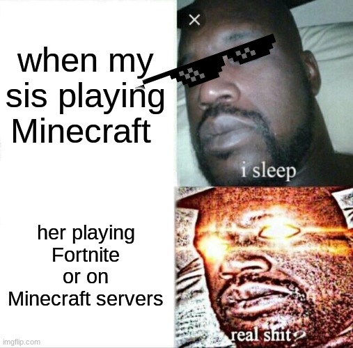 sharing xbox like: | when my sis playing Minecraft; her playing Fortnite or on Minecraft servers | image tagged in memes,sleeping shaq | made w/ Imgflip meme maker