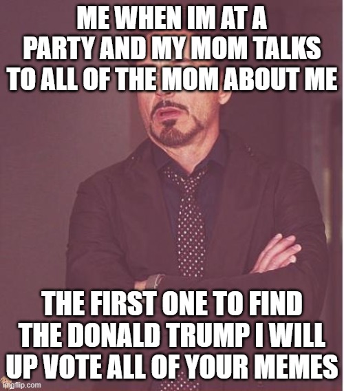 Face You Make Robert Downey Jr | ME WHEN IM AT A PARTY AND MY MOM TALKS TO ALL OF THE MOM ABOUT ME; THE FIRST ONE TO FIND THE DONALD TRUMP I WILL UP VOTE ALL OF YOUR MEMES | image tagged in memes,face you make robert downey jr | made w/ Imgflip meme maker