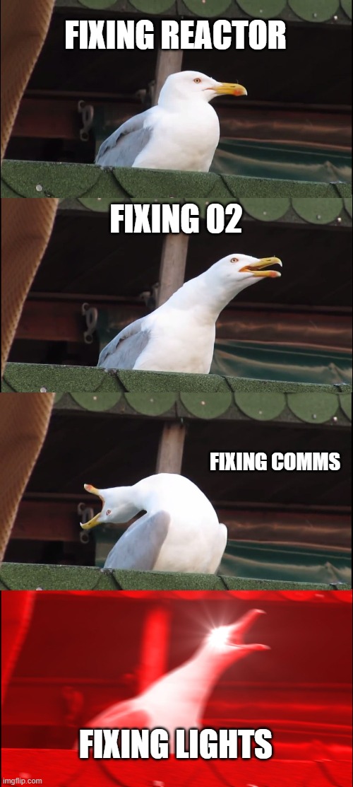 Inhaling Seagull Meme | FIXING REACTOR; FIXING 02; FIXING COMMS; FIXING LIGHTS | image tagged in memes,inhaling seagull | made w/ Imgflip meme maker