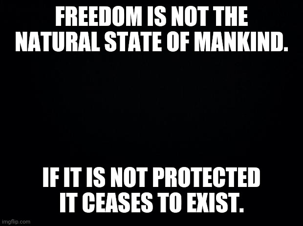 Plain facts. | FREEDOM IS NOT THE NATURAL STATE OF MANKIND. IF IT IS NOT PROTECTED IT CEASES TO EXIST. | image tagged in black background | made w/ Imgflip meme maker