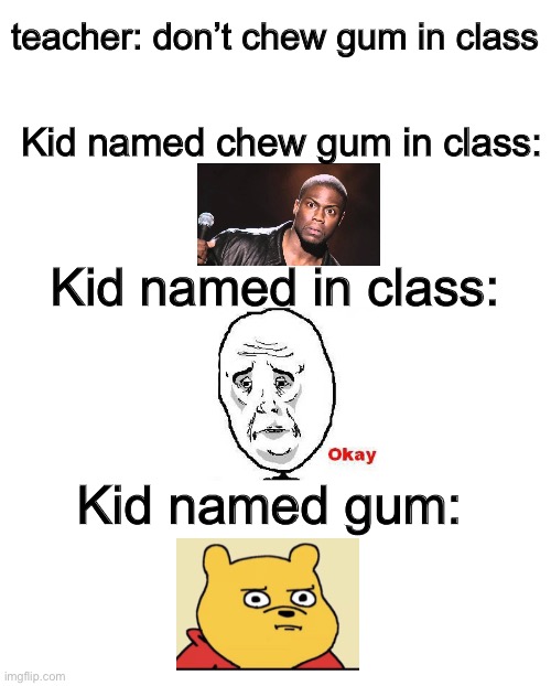 im confused | teacher: don’t chew gum in class; Kid named chew gum in class:; Kid named in class:; Kid named gum: | image tagged in gum,class,school,funny,memes | made w/ Imgflip meme maker