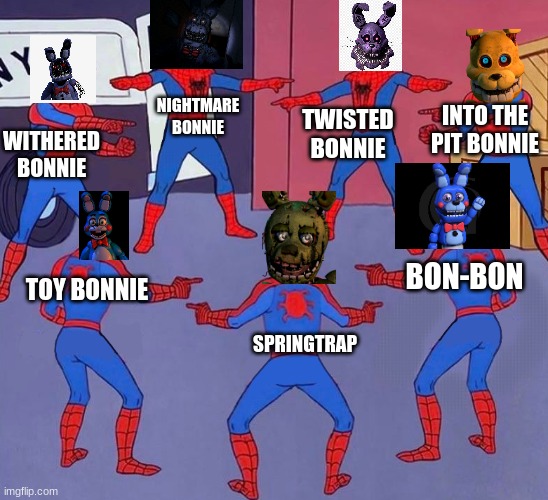bun bunz | INTO THE PIT BONNIE; TWISTED BONNIE; NIGHTMARE BONNIE; WITHERED BONNIE; BON-BON; TOY BONNIE; SPRINGTRAP | image tagged in same spider man 7 | made w/ Imgflip meme maker