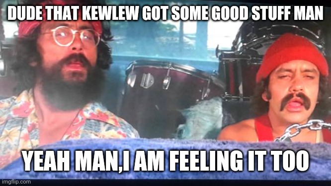 cheech and chong | DUDE THAT KEWLEW GOT SOME GOOD STUFF MAN YEAH MAN,I AM FEELING IT TOO | image tagged in cheech and chong | made w/ Imgflip meme maker