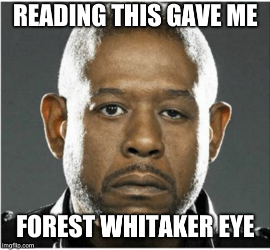 forest whitaker eye | READING THIS GAVE ME; FOREST WHITAKER EYE | image tagged in forest whitaker eye | made w/ Imgflip meme maker