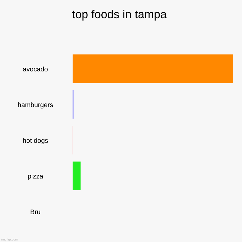 Bru | top foods in tampa | avocado, hamburgers, hot dogs, pizza, Bru | image tagged in charts,bar charts | made w/ Imgflip chart maker