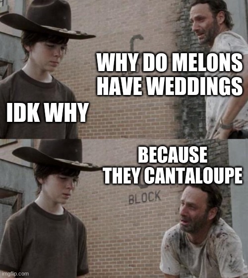 Rick and Carl Meme | WHY DO MELONS HAVE WEDDINGS; IDK WHY; BECAUSE THEY CANTALOUPE | image tagged in memes,rick and carl | made w/ Imgflip meme maker