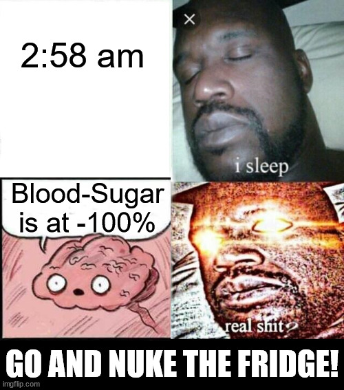 Sleeping Shaq Meme | 2:58 am Blood-Sugar is at -100% GO AND NUKE THE FRIDGE! | image tagged in memes,sleeping shaq | made w/ Imgflip meme maker