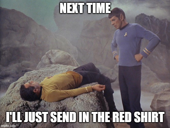 Star Trek Red Shirt | NEXT TIME; I'LL JUST SEND IN THE RED SHIRT | image tagged in star trek,spock,star trek red shirts | made w/ Imgflip meme maker