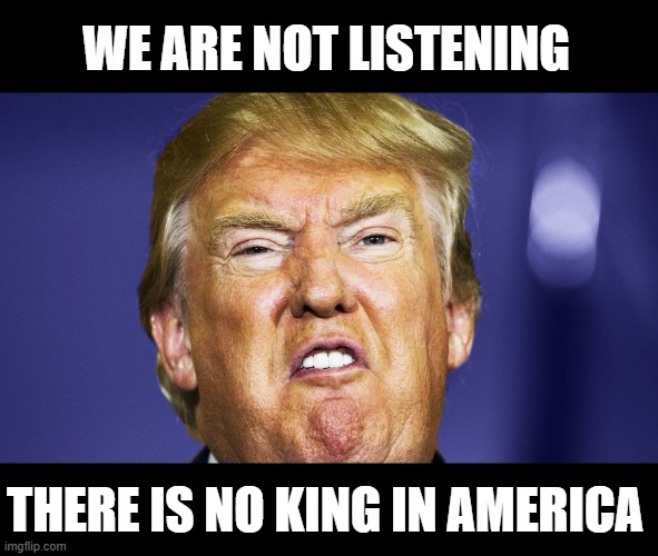 AMERICAN DEMOCRACY DEFEATS A PATHOLOGICAL CRIMINAL CONMAN | WE ARE NOT LISTENING; THERE IS NO KING IN AMERICA | image tagged in stand down,impeached,lock him up,traitor | made w/ Imgflip meme maker