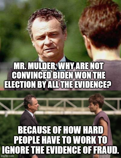 MR. MULDER, WHY ARE NOT CONVINCED BIDEN WON THE ELECTION BY ALL THE EVIDENCE? BECAUSE OF HOW HARD PEOPLE HAVE TO WORK TO IGNORE THE EVIDENCE OF FRAUD. | image tagged in x files,x files cancer man,fox mulder the x files,biden,trump,2020 elections | made w/ Imgflip meme maker