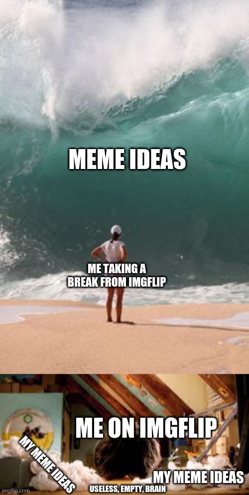 MEME IDEAS; ME TAKING A BREAK FROM IMGFLIP; ME ON IMGFLIP; MY MEME IDEAS; MY MEME IDEAS; USELESS, EMPTY, BRAIN | image tagged in big wave | made w/ Imgflip meme maker
