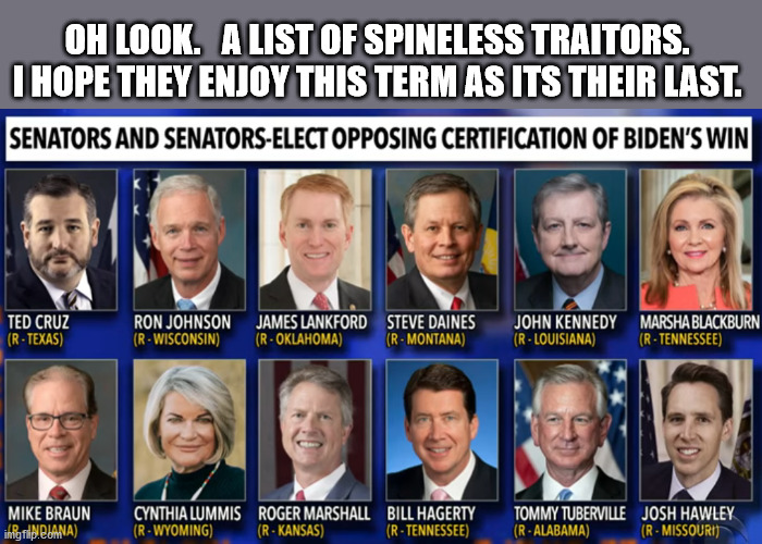 OH LOOK.   A LIST OF SPINELESS TRAITORS.
I HOPE THEY ENJOY THIS TERM AS ITS THEIR LAST. | made w/ Imgflip meme maker