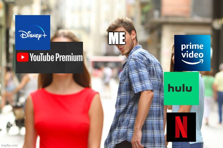 Distracted Boyfriend | ME | image tagged in memes,distracted boyfriend,me,netflix,youtube premiume | made w/ Imgflip meme maker
