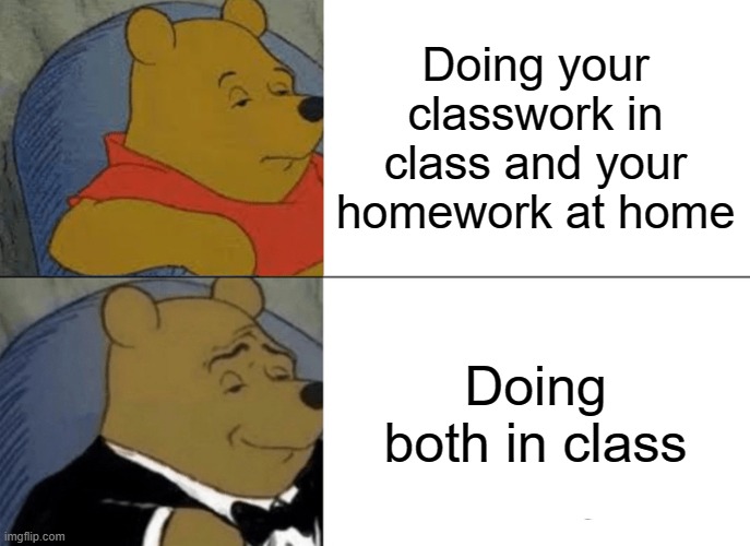 SCHOOL | Doing your classwork in class and your homework at home; Doing both in class | image tagged in memes,tuxedo winnie the pooh,school | made w/ Imgflip meme maker