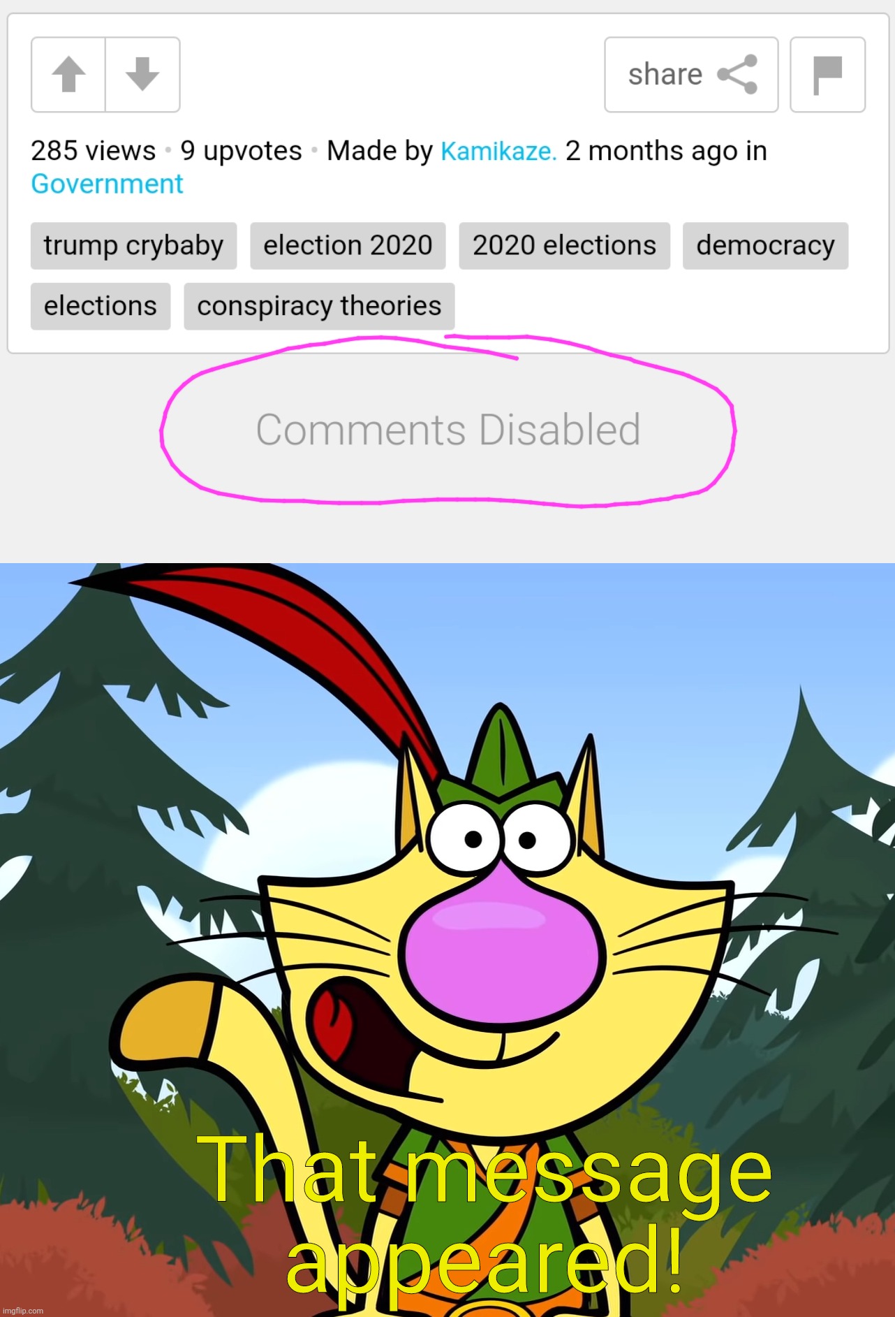 That new update had this. "Disabled Comments" Message appears! | That message appeared! | image tagged in no way nature cat | made w/ Imgflip meme maker