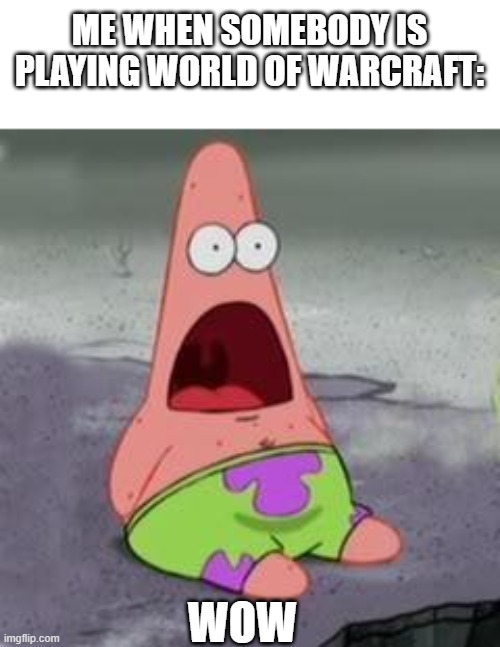 Suprised Patrick |  ME WHEN SOMEBODY IS PLAYING WORLD OF WARCRAFT:; WOW | image tagged in suprised patrick | made w/ Imgflip meme maker