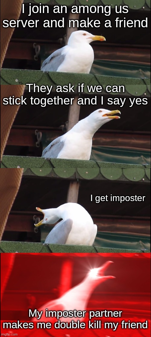 Among us worries, am I right | I join an among us server and make a friend; They ask if we can stick together and I say yes; I get imposter; My imposter partner makes me double kill my friend | image tagged in memes,inhaling seagull | made w/ Imgflip meme maker