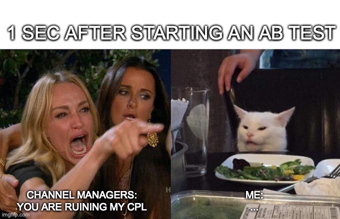 is it really me? | 1 SEC AFTER STARTING AN AB TEST; ME:
... CHANNEL MANAGERS:
YOU ARE RUINING MY CPL | image tagged in memes,woman yelling at cat,ab test,experimentation,ab testing,digital optimization | made w/ Imgflip meme maker