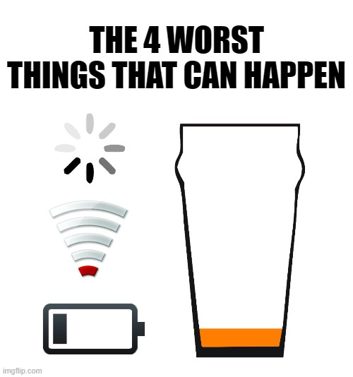 THE 4 WORST THINGS THAT CAN HAPPEN | image tagged in beer,wifi,battery,craft beer,micro brews,drinking | made w/ Imgflip meme maker