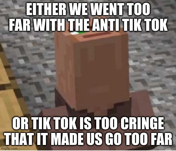 Minecraft Villager Looking Up | EITHER WE WENT TOO FAR WITH THE ANTI TIK TOK; OR TIK TOK IS TOO CRINGE THAT IT MADE US GO TOO FAR | image tagged in minecraft villager looking up | made w/ Imgflip meme maker